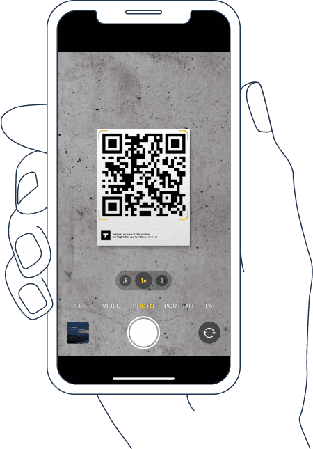TagPoint app screenshot: scan a QR code at the location to create a service request