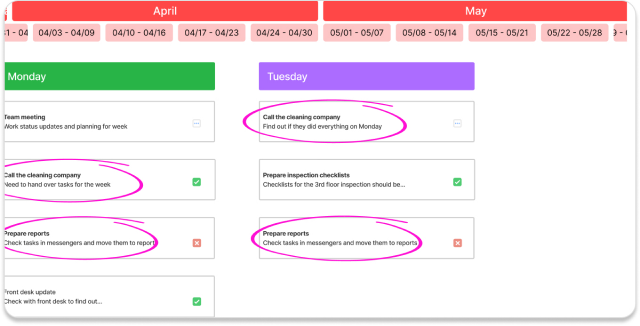 Example of routine tasks in the work calendar
