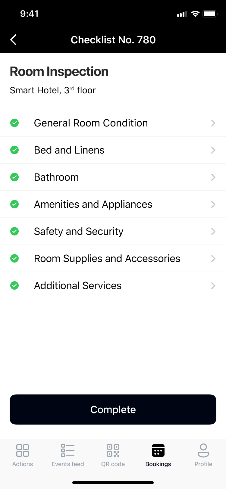 Checklist for room inspection